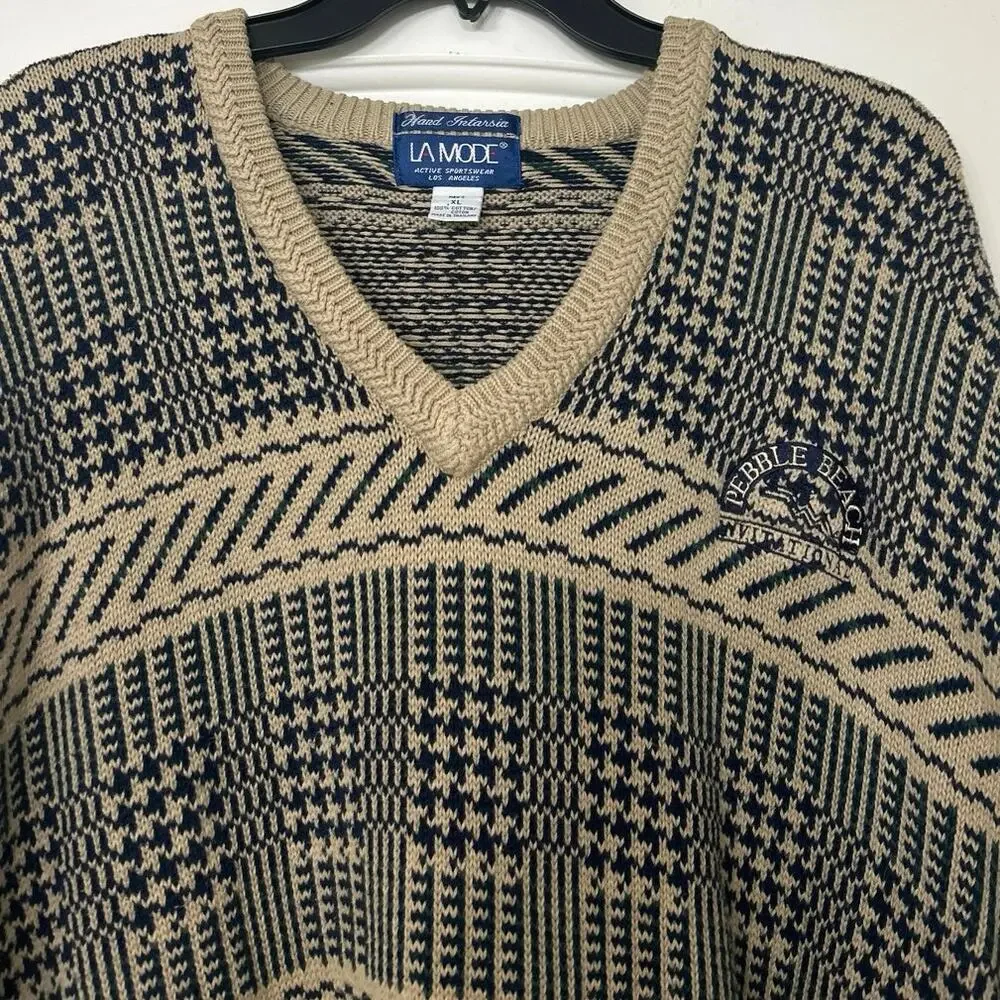 Vintage La Mode Pebble Beach Intarsia Sweater XL 90s Golf Coastal Grandpa Cotton